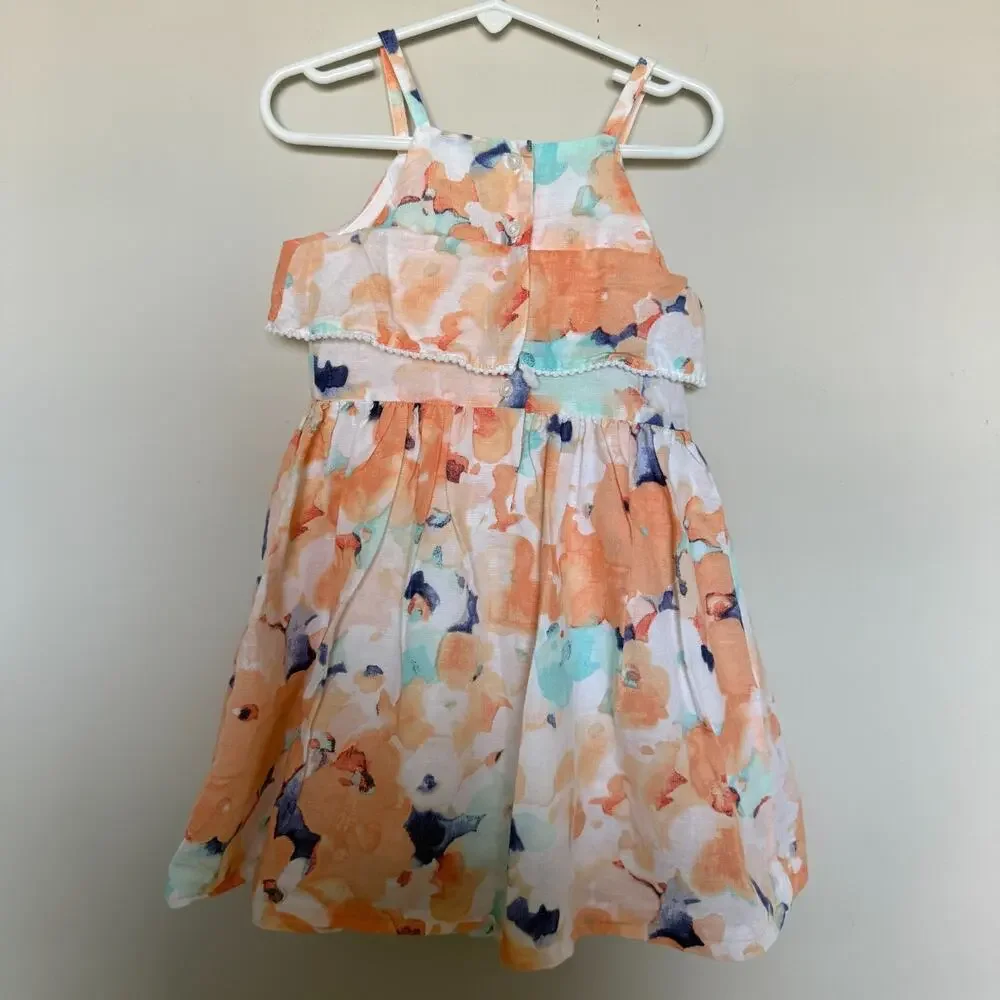 Janie And Jack Girls Floral Dress 5 Linen Sleeveless Lined Watercolor Pom Pom
